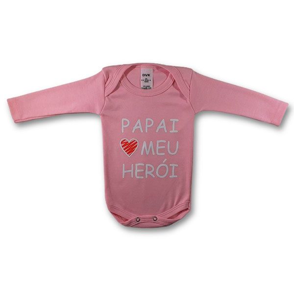 Body Bebe Personalizado Frase Papai Meu Heroi Rosa Manga longa