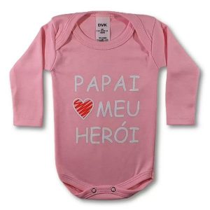 Body Bebe Personalizado Frase Papai Meu Heroi Rosa Manga longa
