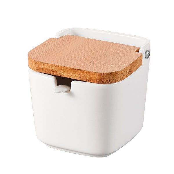 Saleiro De Cerâmica Personalizado Com Tampa de Madeira Pinus