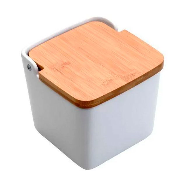 Saleiro De Cerâmica Personalizado Com Tampa de Madeira Pinus