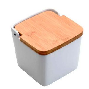 Saleiro De Cerâmica Personalizado Com Tampa de Madeira Pinus