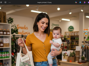 Fornecedor de Brindes Personalizados Guia Completo para Escolher o Melhor | Sacola Ecológica.Com Uma mulher segurando uma sacola com a mão direita e um bebê com o braço esquerdo