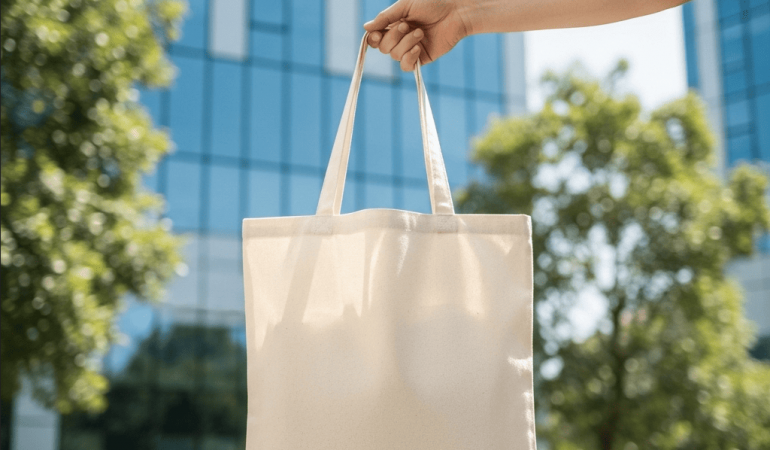 Uma sacola branca ecológica mostrada com um dos brindes corporativos