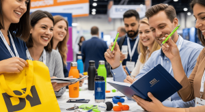 Material Promocional Personalizado Impulsione Sua Campanha | Sacola Ecológica.Com Uma equipe utilizando um material promocional personalizado