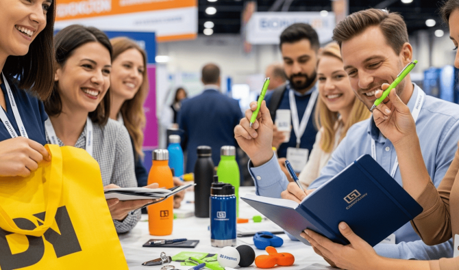 Uma equipe utilizando um material promocional personalizado