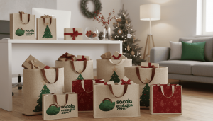 Sacolas ecológicas natalinas personalizadas substituindo sacolas plásticas como brinde de natal sustentável.