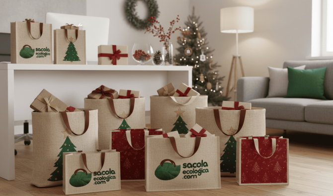 Sacolas ecológicas natalinas personalizadas substituindo sacolas plásticas como brinde de natal sustentável.
