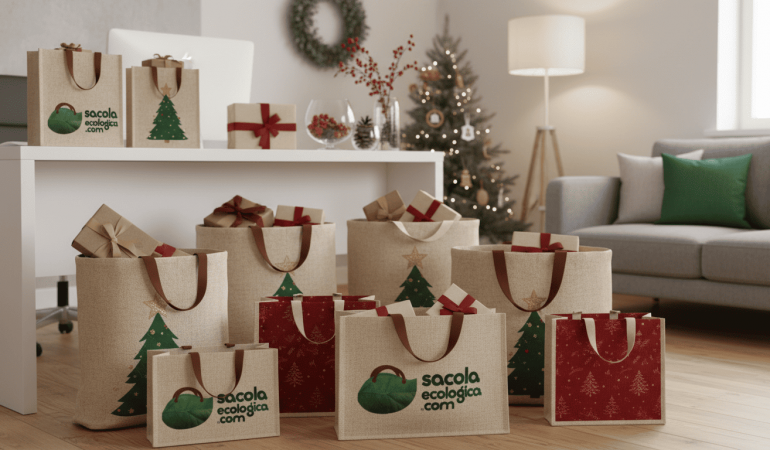 Sacolas ecológicas natalinas personalizadas substituindo sacolas plásticas como brinde de natal sustentável.