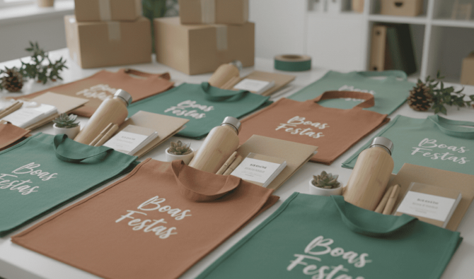 Sacolas ecológicas personalizadas com brindes de final de ano organizadas em campanha corporativa sustentável.