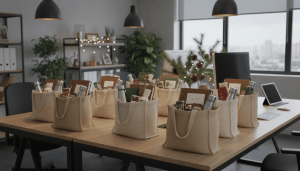 Brindes de Natal corporativos montados em sacolas ecológicas personalizadas com logo da empresa, recheadas com brindes sustentáveis.