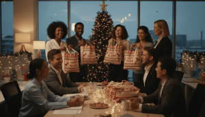 Equipe corporativa recebendo kits de Natal em sacolas ecológicas personalizadas durante ação de endomarketing.