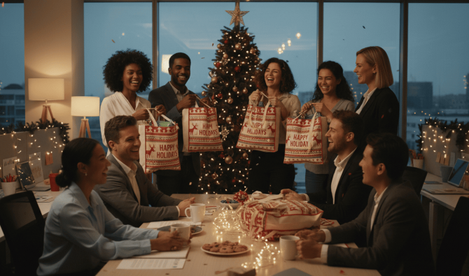 Equipe corporativa recebendo kits de Natal em sacolas ecológicas personalizadas durante ação de endomarketing.