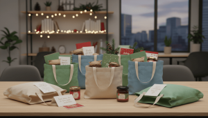 Sacolas ecológicas com lembrancinha corporativa de Natal sustentável, recheadas com doces artesanais e itens ecológicos