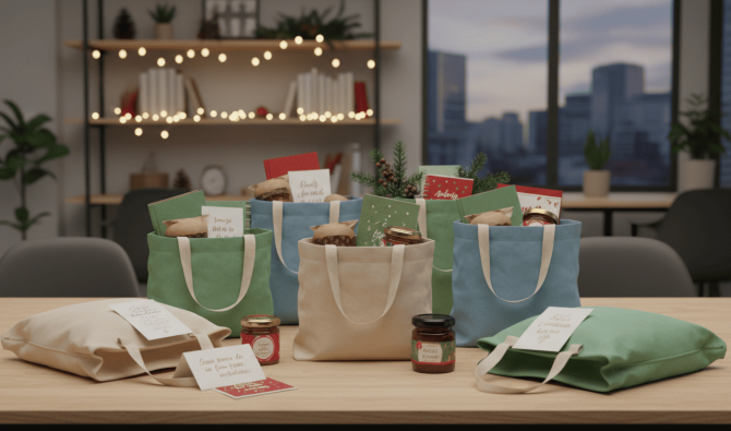 Sacolas ecológicas com lembrancinha corporativa de Natal sustentável, recheadas com doces artesanais e itens ecológicos