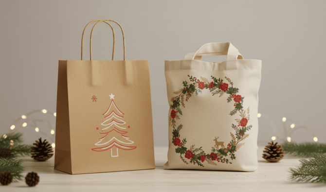 Sacola kraft personalizada de Natal ao lado de sacola ecológica natalina, representando a comparação de embalagens para marcas.