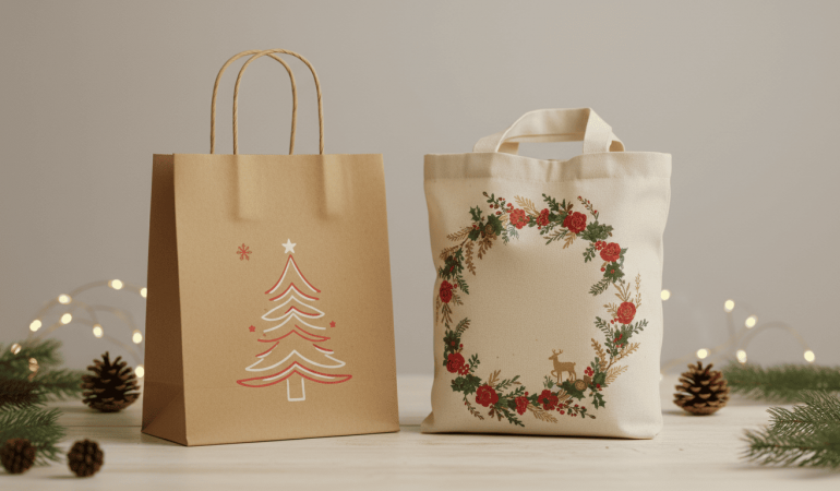 Sacola kraft personalizada de Natal ao lado de sacola ecológica natalina, representando a comparação de embalagens para marcas.